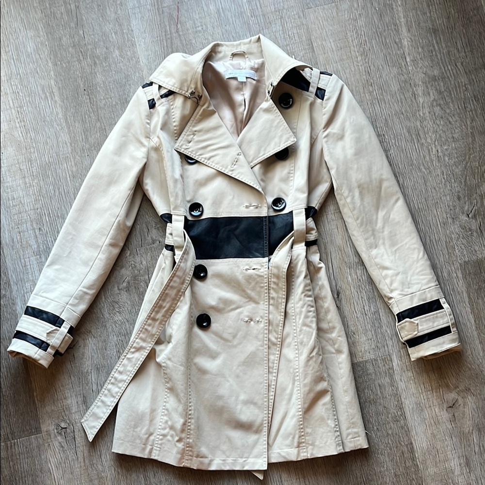 New York & Company Tan and Black Trench Coat with Belted Sleeves